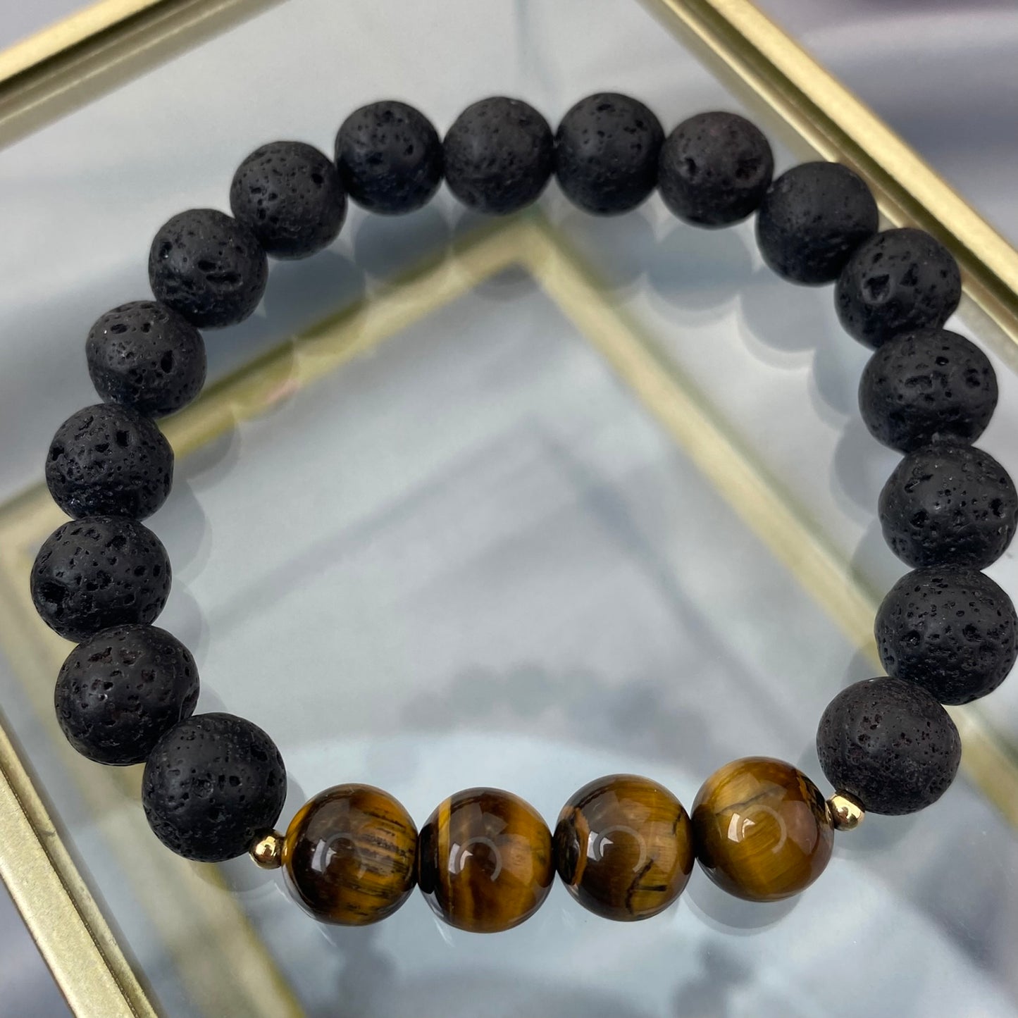 Men's bracelet Lava and Tiger's Eye (gold-colored furniture)