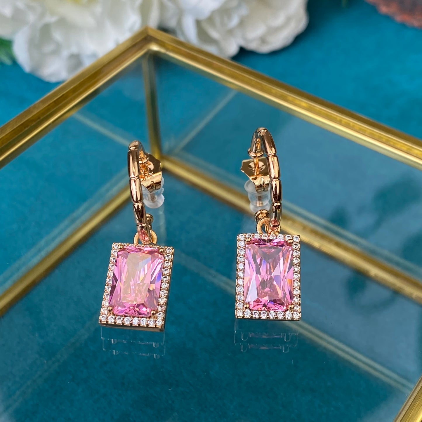 Gold Plated Stainless Steel Earrings with pink decorative crystal