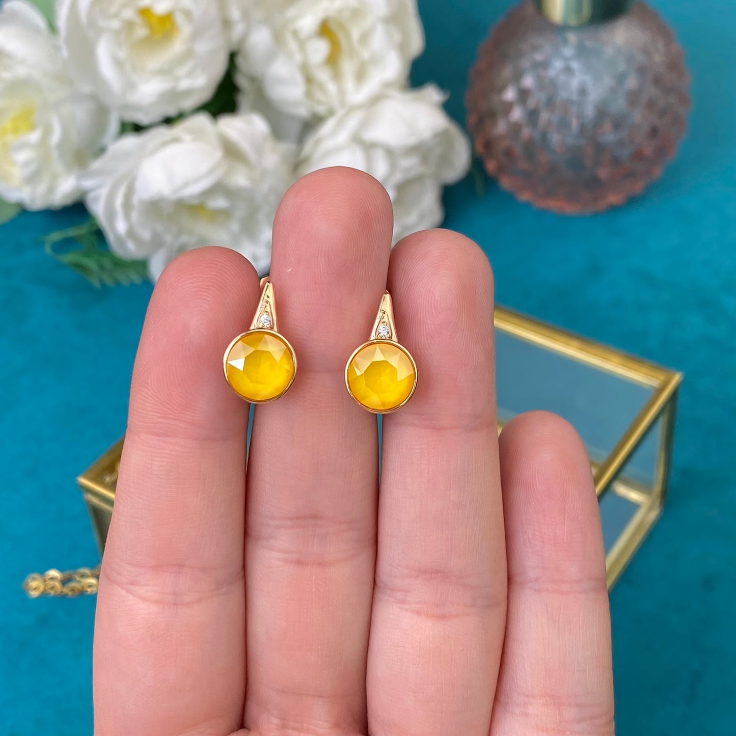 Gold Plated Stainless Steel Earrings with yellow decorative crystal