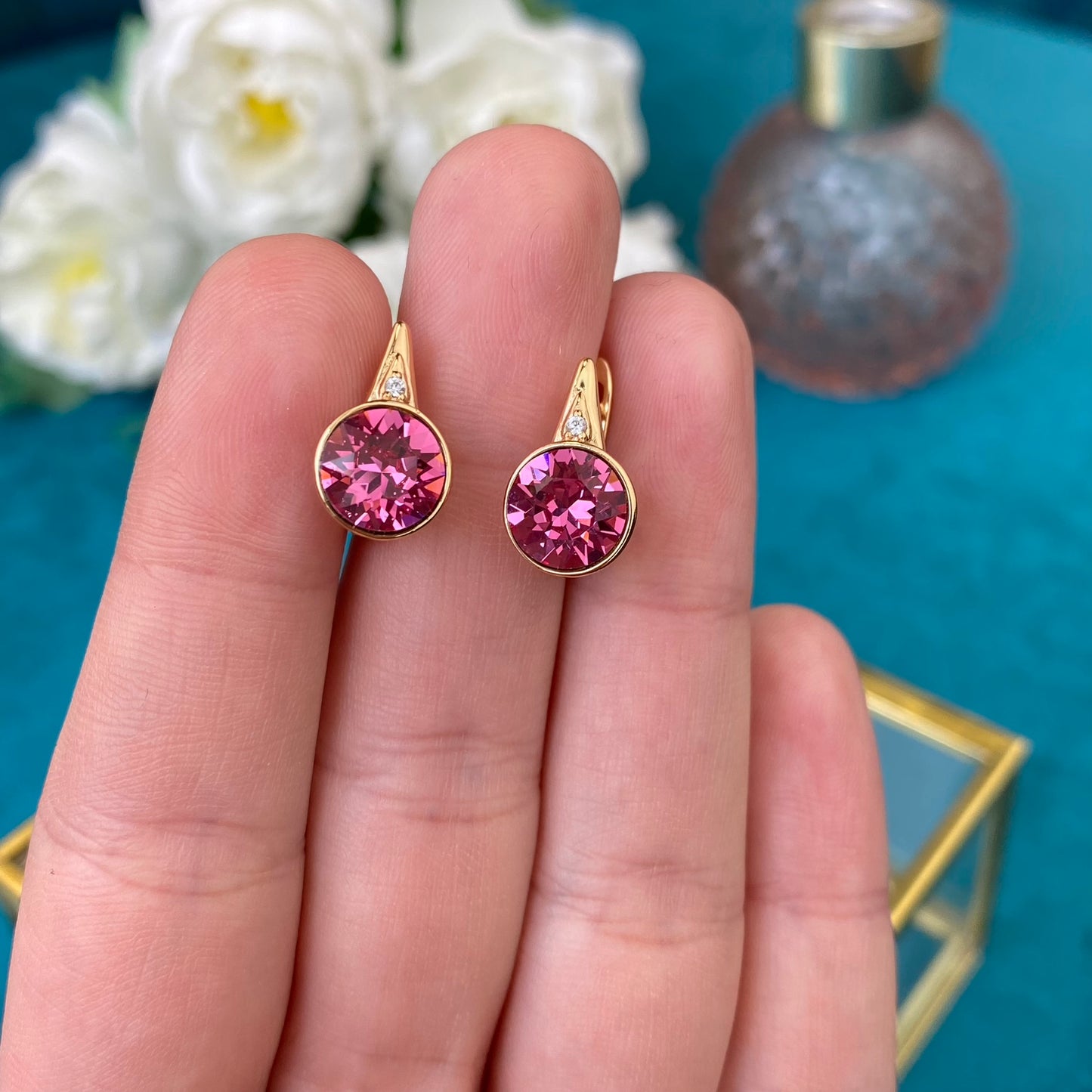 Gold Plated Stainless Steel Earrings with pink decorative crystal