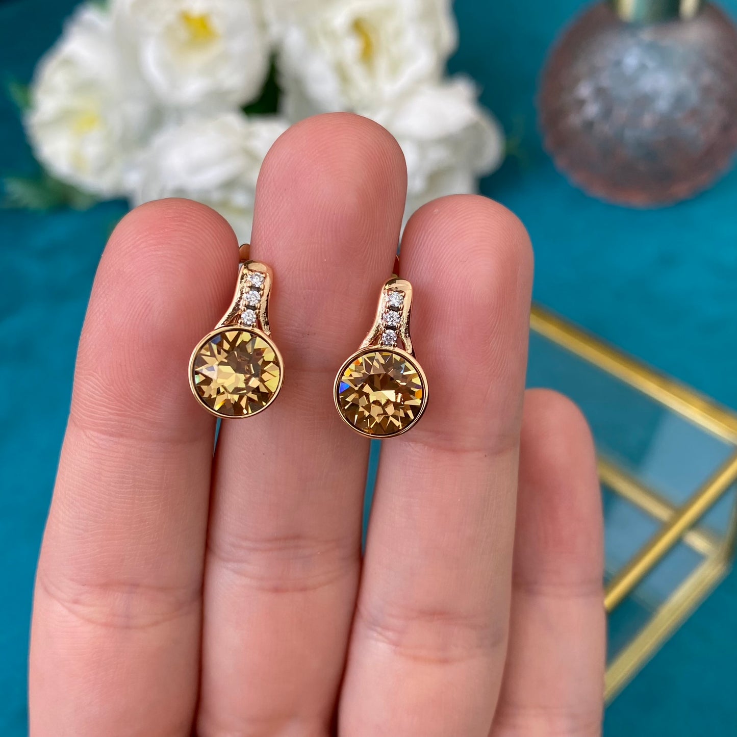 Gold Plated Stainless Steel Earrings with yellow decorative crystals